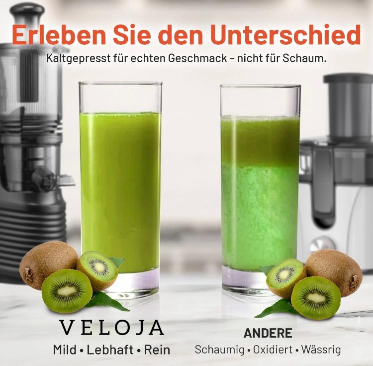 VELOJA Slow Juicer Pro Kaltpresse Entsafter für ganzes Obst Gemüse U. Rezeptbuch