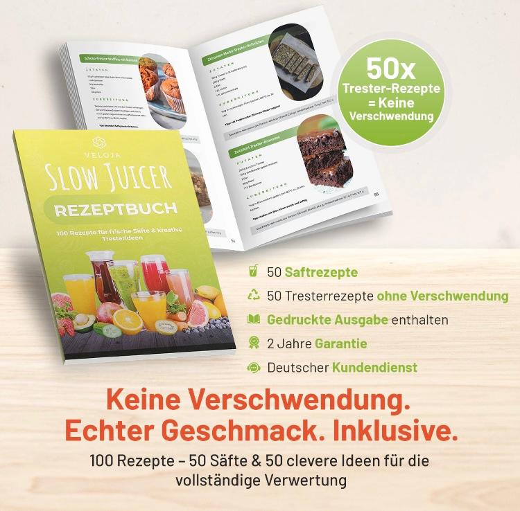 VELOJA Slow Juicer Pro Kaltpresse Entsafter für ganzes Obst Gemüse U. Rezeptbuch
